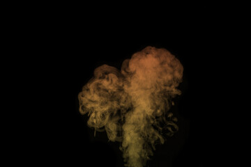 Colored yellow steam, smoke on a black background to superimpose. Yellow-orange smoke, heart-shaped incense