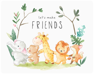 let's make friends slogan with cute cartoon animals holding hand illustration  - obrazy, fototapety, plakaty