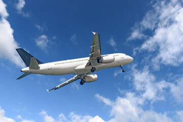 Fototapeta na wymiar flying airplane against blue sky