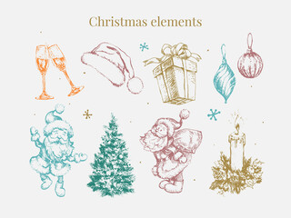 New year and christmas set sketch illustration