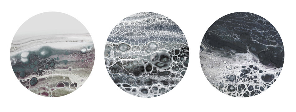 Marble texture. Acrylic color blots. Abstract background. Interior circle triptych.
