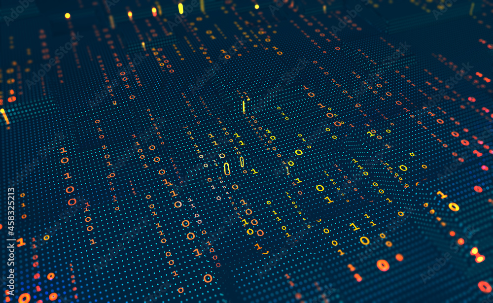 Poster Big data stream. Binary code. Machine learning, artificial intelligence, AI, deep learning blockchain neural network 3D illustration
