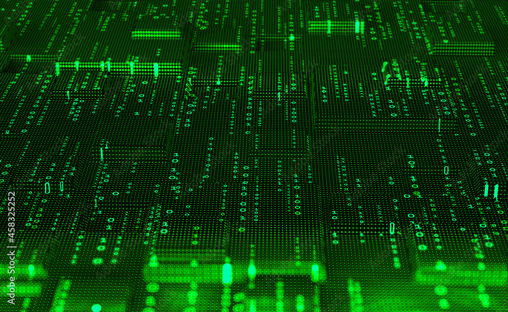 Fototapete Big data stream. Binary code. Machine learning, artificial intelligence, AI, deep learning blockchain neural network 3D illustration