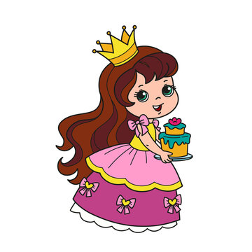Cute little cartoon princess. Vector funny character in a lush ball gown, holding a cake. Isolated drawing of a beautiful girl.
