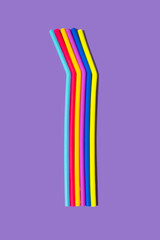 Vivid neon straws in rainbow colours against purple background. Minimal creative cyberpunk concept.