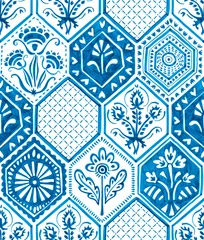Stof per meter Seamless moroccan pattern. Hexagonal vintage tile. Blue and white watercolor ornament painted with paint on paper. Handmade. Print for textiles. Set grunge texture. © flovie