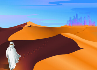 Vector landscape. A Bedouin pilgrim in the desert dunes