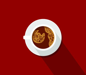 White cup of coffee on a dark red background. Top view. Flat vector illustration