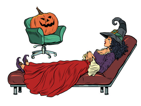 halloween witch and pumpkin, psychotherapy session. Seasonal autumn psychological disorder