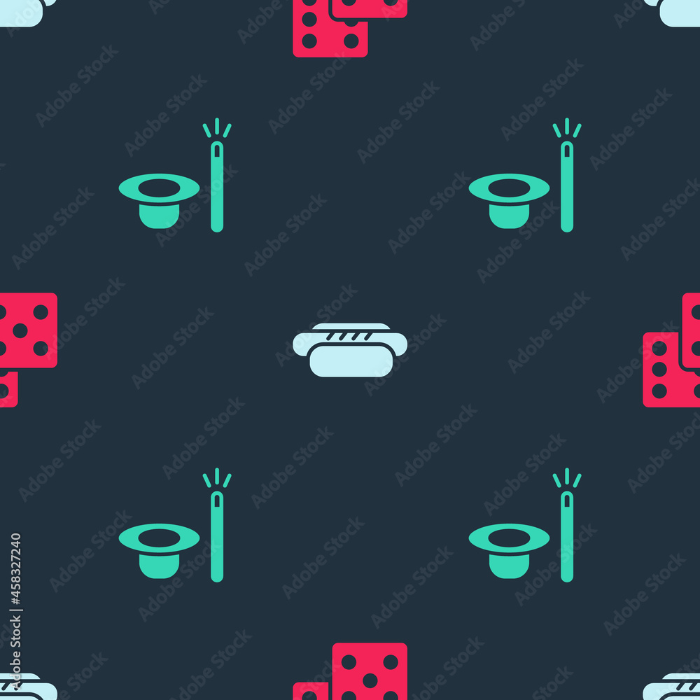 Poster set game dice, hotdog and magic hat and wand on seamless pattern. vector