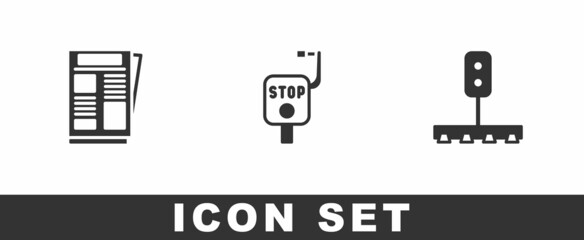Set News, Emergency brake and Train traffic light icon. Vector