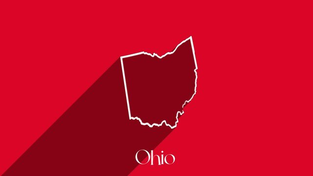 Animated line map showing the state of Ohio from the United State of America. USA. Ohio state lettering isolated on red background with shadow