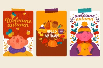 collection drawn autumn cards vector design illustration