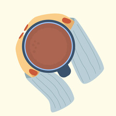 Cup of tea and hands top view. Girl's hands holding cup. Woman warms his hands on a cup of tea. The concept of comfort, warmth of tea drinking.