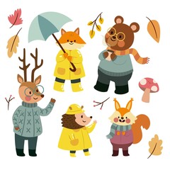 Obraz na płótnie Canvas flat autumn forest animals collection vector design illustration