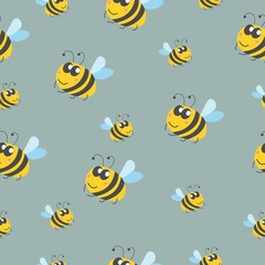 Seamless pattern children. Yellow bumblebees and bees. Grey background. Cartoon style. Cute and funny. Summer or spring. Textile, wrapping paper, scrapbooking, wallpaper, bedroom, packaging design
