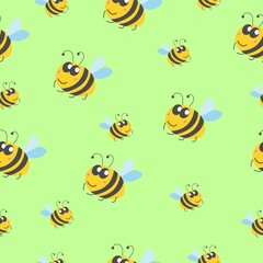 Seamless pattern children. Yellow bumblebees and bees. Green background. Cartoon style. Cute and funny. Summer or spring. Textile, wrapping paper, scrapbooking, wallpaper, bedroom, packaging design
