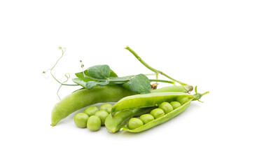 Green pea pods with leaves.