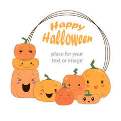 Vector circle halloween frame with nice happy pumpkins holiday decoration element funny halloween poster and invitation