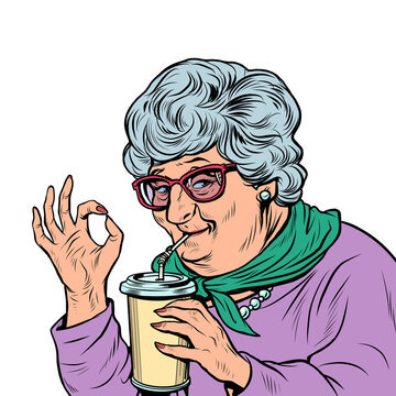 elderly woman granny drinks a coke drink, ok gesture