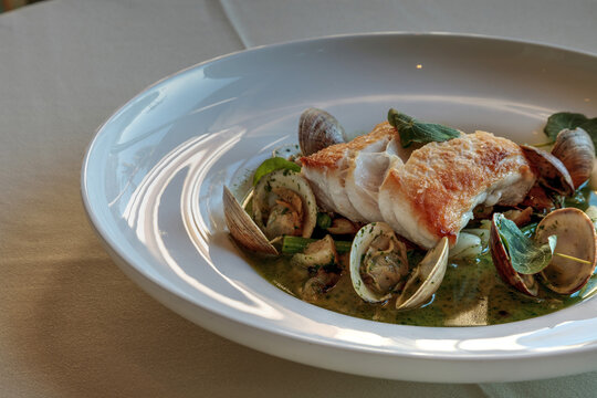 Chilean Sea Bass Over Clams In Pesto Sauce On A Lunch Plate.