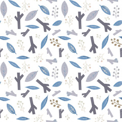 Seamless winter pattern with forest trees, acorns and snowflakes