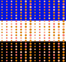 Dots geometric seamless pattern. Grid of circle shapes, pink orange color palette. Blue, white or black easy editable color background. Vector