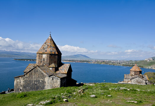Beautiful shot of Sevanavank monastery on a peninsula of Sevan, Armenia