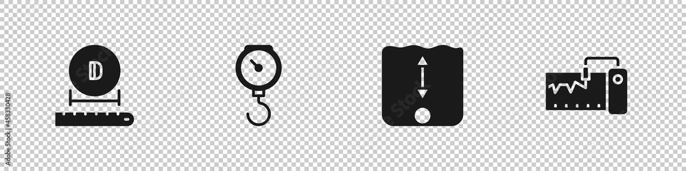 Poster set diameter, hand scale spring mechanical, depth measurement and measuring instrument icon. vector