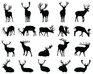 Naklejka premium Graphic black silhouettes of wild deers on a white background 