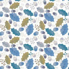Seamless winter pattern with forest trees, acorn and snowflakes