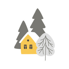 Vector yellow house and trees in the forest. Winter cozy composition isolated on white background