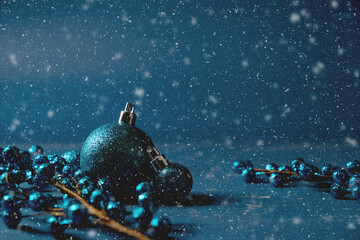 Blue monochrome Christmas holiday background with glitter ornament and snow. - obrazy, fototapety, plakaty