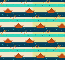 Fototapeta premium Sea concept seamless pattern. Geometric shapes of fish, ship, wave stripes in blue, orange colors. White, yellow easy editable color background. Vector