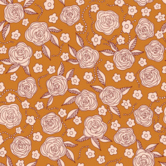 Vector hand drawn line art roses seamless pattern.