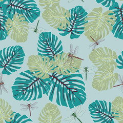 Blue Tropical Eden dragonfly seamless vector pattern 