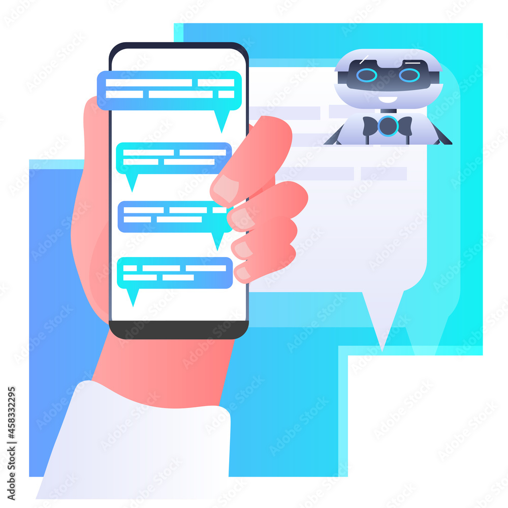 Poster human hand discussing with robot chatbot assistant voice messages audio chat application online comm