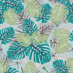 Variation Tropical Eden dragonfly seamless vector pattern 