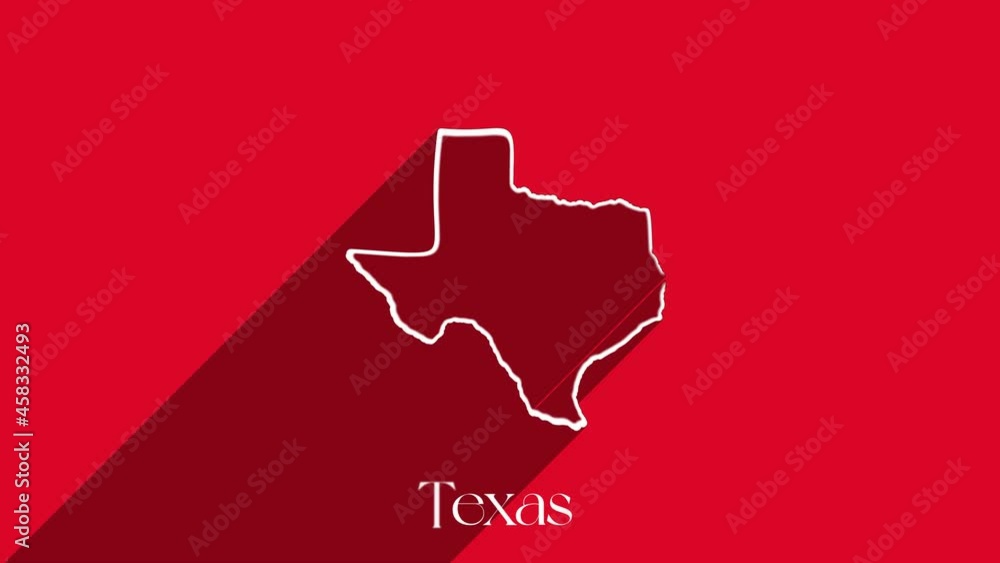 Poster Animated line map showing the state of Texas from the United State of America. USA. Texas state lettering isolated on red background with shadow