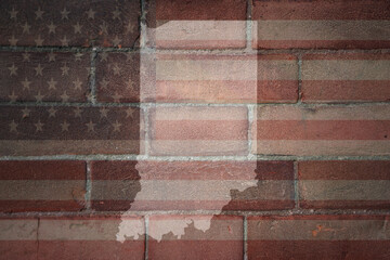 map of indiana state on a painted flag of united states of america on a brick wall