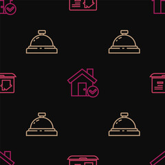 Set line Online real estate house, Hotel service bell and House with check mark on seamless pattern. Vector