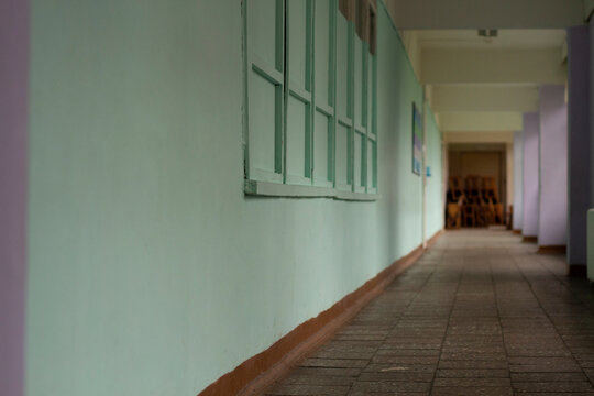 School corridor in Russia. The school building from the inside. Place of training of schoolchildren.