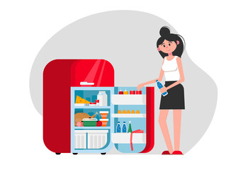 Woman with a refrigerator. Open fridge with food. Vector flat plane style illustration.