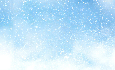 Snowy winter background. Christmas blue defocused bokeh. Snowstorm. New year snowflakes illustration. Snow texture.