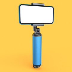 Realistic smartphone with blank white screen and selfie stick isolated on orange