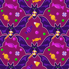 Vector seamless pattern with Halloween candy and bat. Pink, light green, purple, orange. Suitable for textiles, wrapping paper, tissue, background, souvenirs, design for cover, wall art, invitation, f