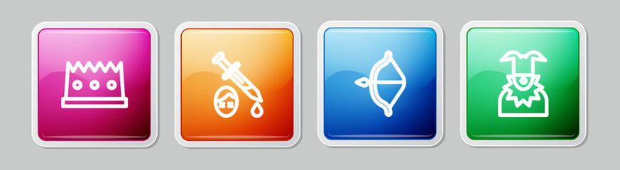 Set line King crown, Sword with blood, Medieval bow and arrow and Joker head. Colorful square button. Vector