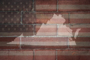map of virginia state on a painted flag of united states of america on a brick wall