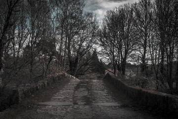 Entrada a Puente en un pueblo del interior de Galicia. Predomina el empedrado.