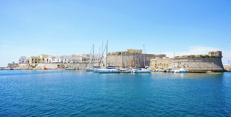 Panoramic view of Gallipoli historic town with castle on sea, Apulia, Italy